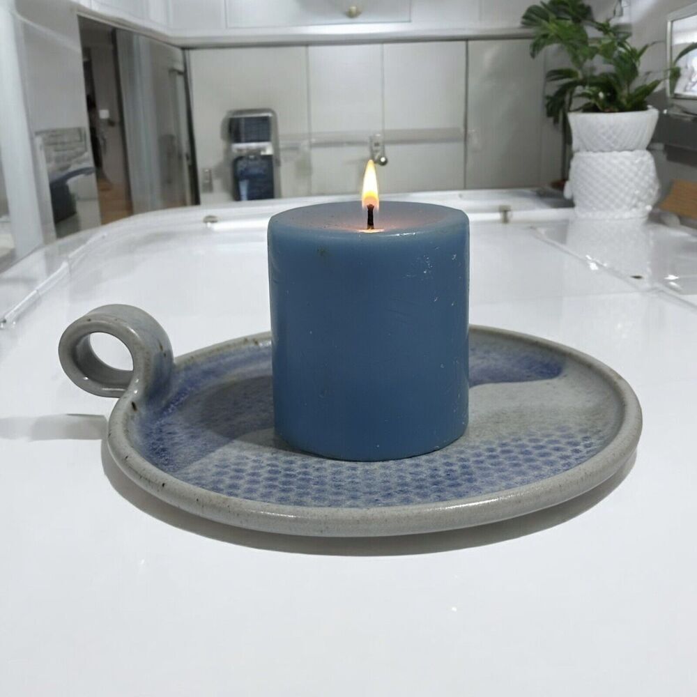 VTG Nichols Stoneware Pottery Candle Holder With Finger Hole Signed Boho Decor